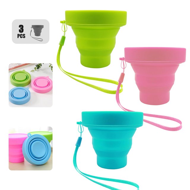 Shaoduoli Tasse d'Eau Pliable en Silicone, Tasse Réutilisable Pliante Extérieure avec Couvercle et Lanière, Pichet Extensible pour Camping Voyage Randonnée, Conteneur Alimentaire Portable Sans BPA, 170ml/6oz (3 Pcs)