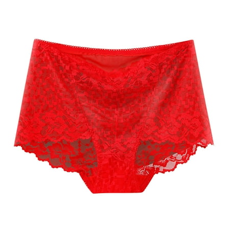 Odeerbi Solid Color Underwear for Women 2025 Solid Color High Waisted Mesh Breathable And Sexy Lace Hollow Underwear Panties Red