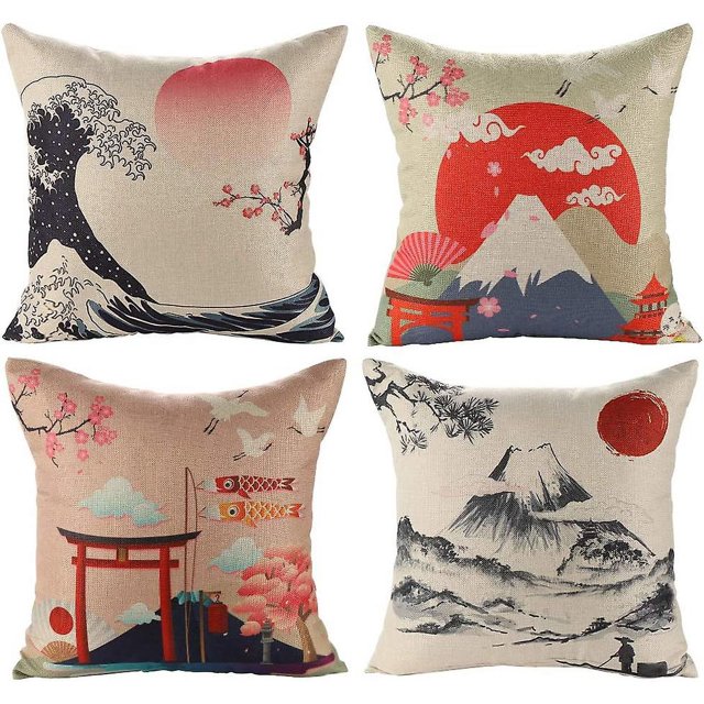Funda de cojín japonesa Fuji Ukiyo-e en funda de almohada para sofá, coche, hogar, cama, decoración de 45 x 45 cm, juego de 4 piezas (estilo japonés A), estilo japonés Ukiyoe, lino
