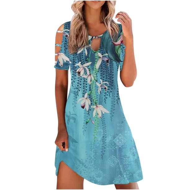 Vestido casual de mujer con hombros descubiertos y mangas cortas con estampado de espalda para adelgazar Fridja bnh1190