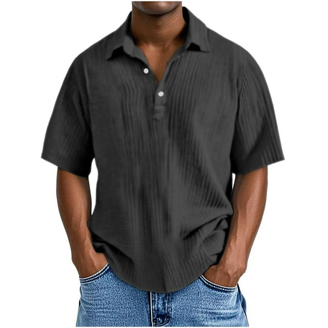 Dagugfen Tops for Men Plus Size Button Lapel V Neck Loose Solid Color Casual Work Short Sleeve Tee Shirts