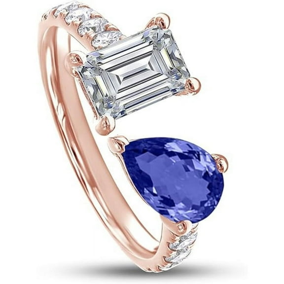 925 Sterling Silver 14K Rose Gold Plating Blue Sapphire Pear Shape & Emrlad Cut White Diamond Toi Et Moi Half-Eternity Engagement Ring For Women