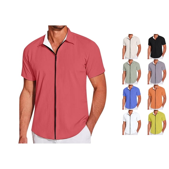 CUSTG Men Blouse Casual Short Sleeve Zipper Summer Beach Shirt Light Texture Elastic Shirt Lapel Cozy Solid Color Tops