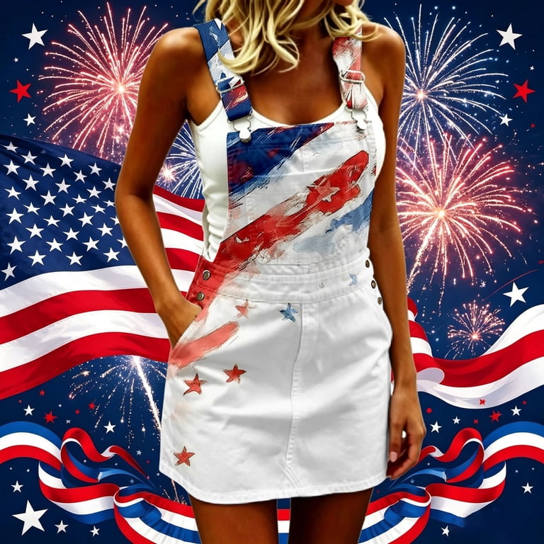 overall party dress Yuncity American Flag Womens Dress Print Denim Overall Dress Summer Sleeveless Casual Party Holiday Backpack Dress 4Th Of July Dresses For Women Pink S