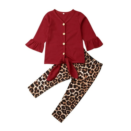 

Peyakidsaa 2PCS Clothes Set Baby Girls Flare Sleeve Solid Color Button Top + Leopard Elastic Waist Pants Outfit