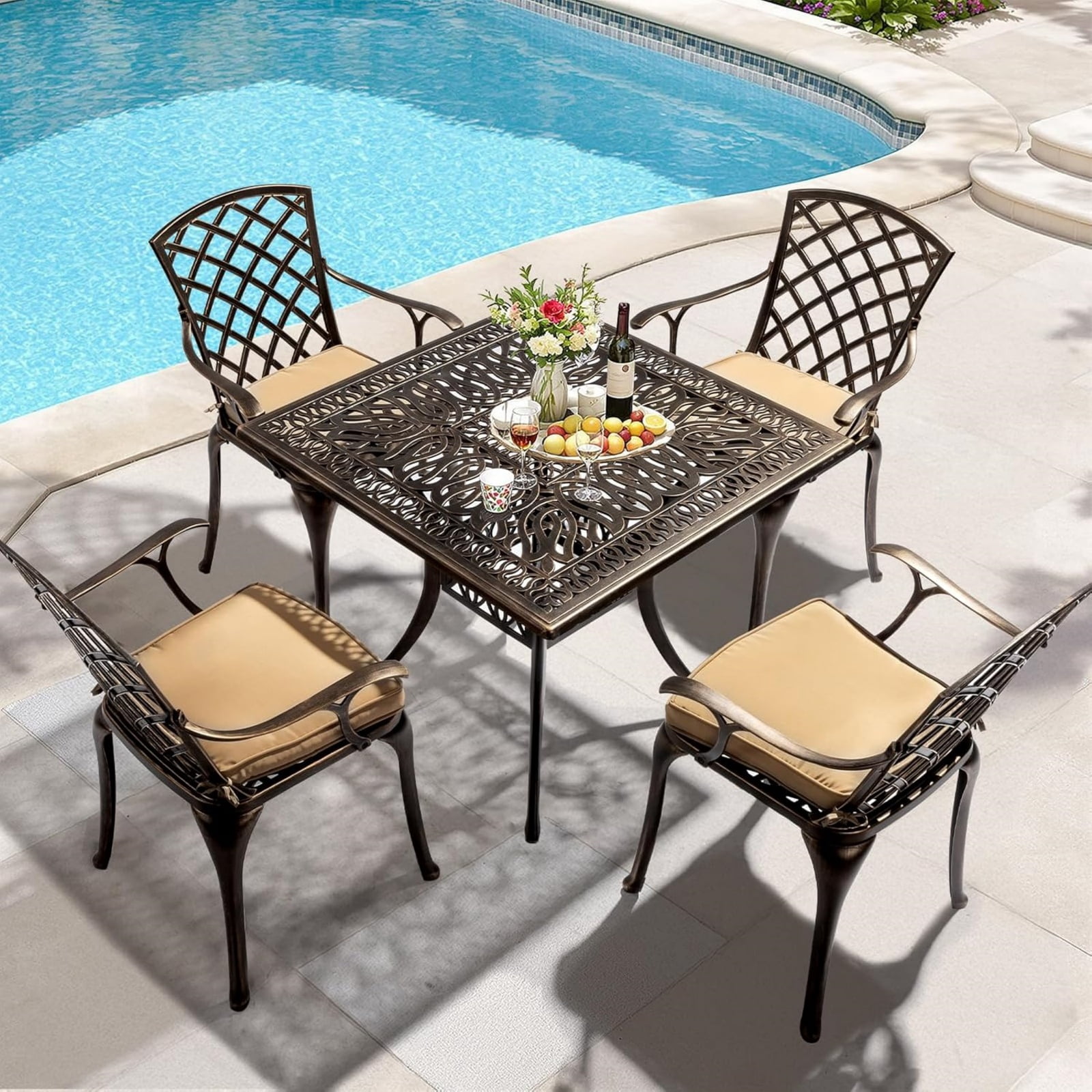 Ktaxon 2PC Outdoor Dining Chairs, Cast Aluminum Patio Chairs  for Poolside, Deck, Porch Bronze, with Cushion