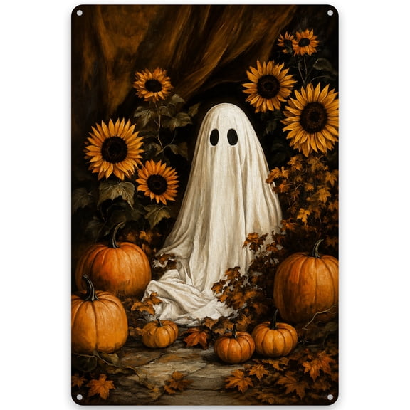 Metal Ghost and Pumpkin Wall Decor Sign, 8x12 Inch, Vintage Rustic Halloween Theme with Sunflowers, Easy Hanging for Indoor Outdoor Use, Weather Resistant Decorative Art