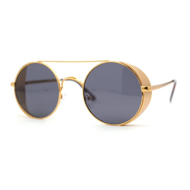 Round Circle Lens Side Windbreaker Retro Double Bridge Cafe Racer  Sunglasses Yellow Gold - Black