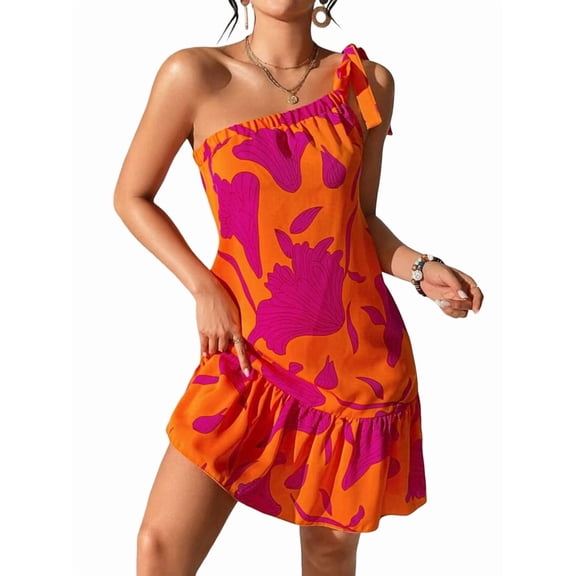 Women'S One Shoulder Leaf Print Self-Tie Short Dress Sleeveless Tiered Hem Formal Dress Red L
