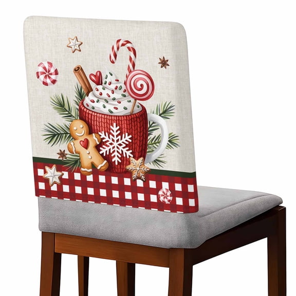 Christmas Coffee Chair Covers Set of 1 Xmas Gingerbread Man Holly Snowflakes Linen Texture Red Plaid Chair Back Covers Stretch Removable Slipcovers Protector for Dining Room Kitchen Party Decor