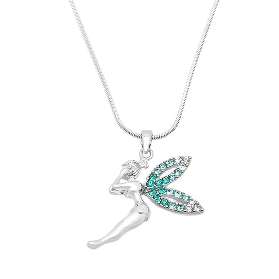 Tinker Bell Fairy Pendant Necklace Aqua Rhinestone Crystal Rhodium Plated 17 Inch Snake Chain J0199-AQ
