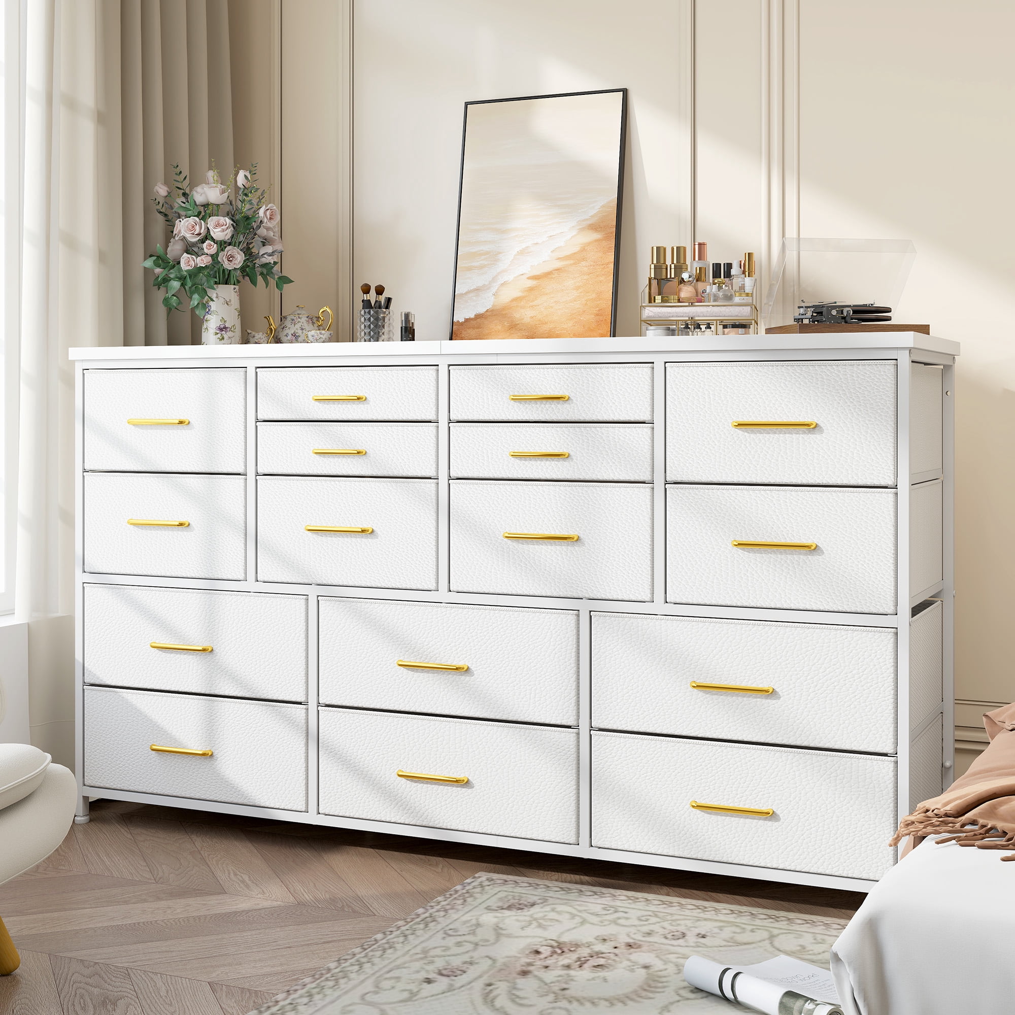 Romorgniz White Dresser for Bedroom with 16 Drawers for Closet Fabric Dressers & Chests of Drawers TV Stand with Charging Station