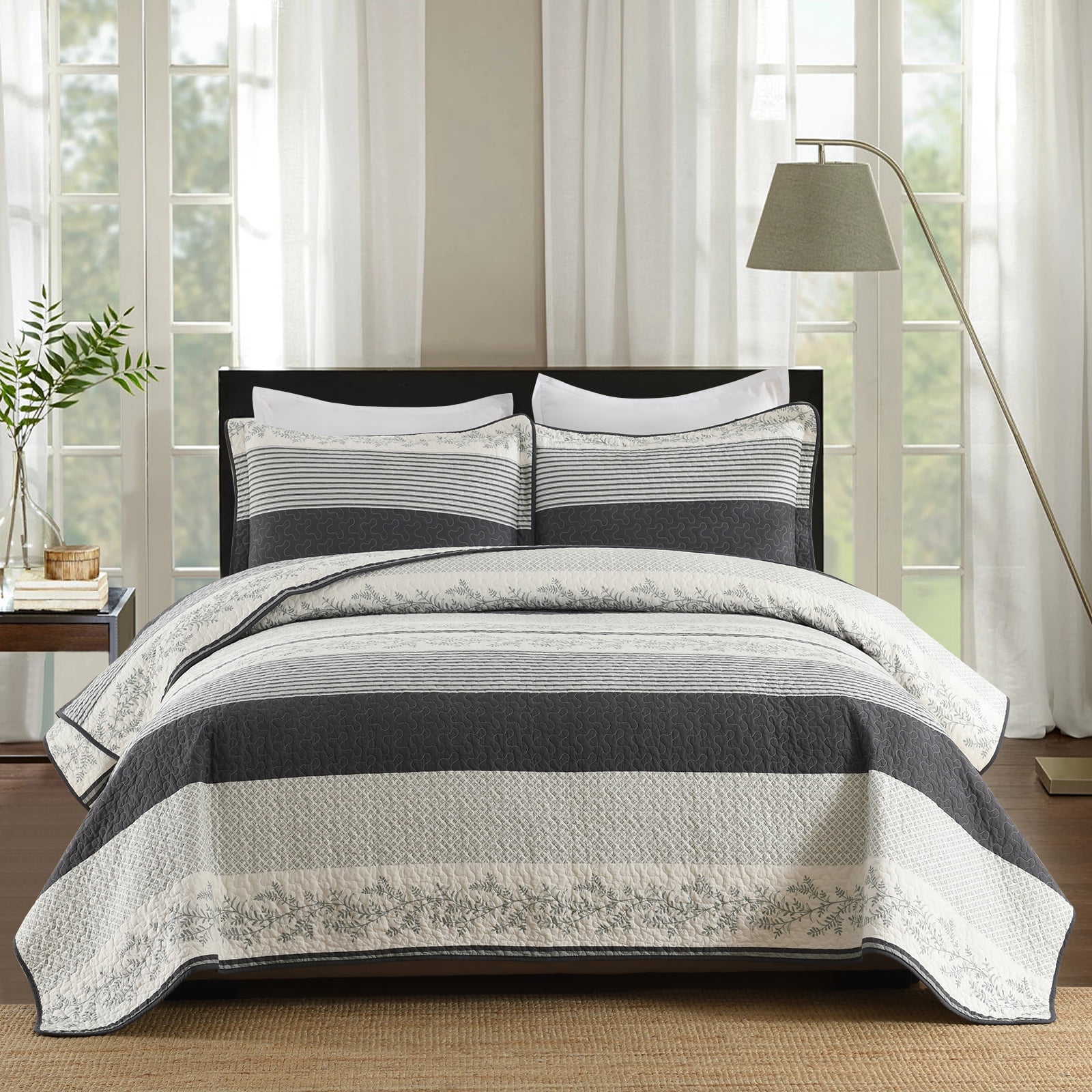Bedduvit White Gray Floral Striped Quilt Queen, 100% Organic Cotton Queen Size Quilted Bedspread Set with 2 Shams, Botanical Vintage Lightweight Reversible 3-Piece Coverlet Bedding Set, 98"x90"