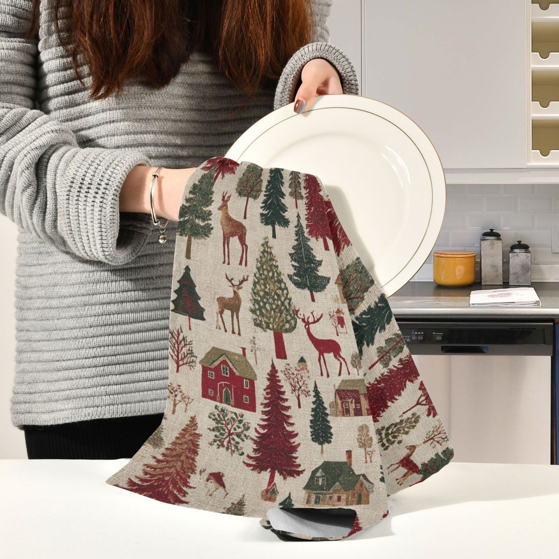 6 Pack Printed Kitchen Dish Towels Soft and Absorbent Dish Cloths Washing Drying Dishes Christmas Trees Deer and Houses