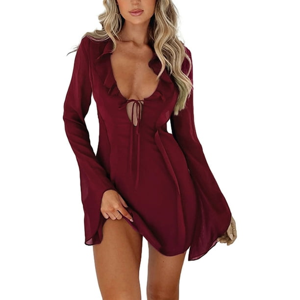 Vestido de corte bajo con cuello en V profundo Una línea de mujer ahueca hacia fuera el traje de vacaciones Kuymtek Vino rojo T L para Mujer