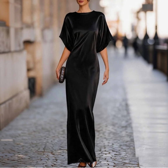 Karymi Summer Dresses for Women Satin Maxi Dress, Crew Neck Batwing Half Sleeve Loose Draped Flowy Floor Length Elegant Evening Formal Gown Cocktail Dresses for Women