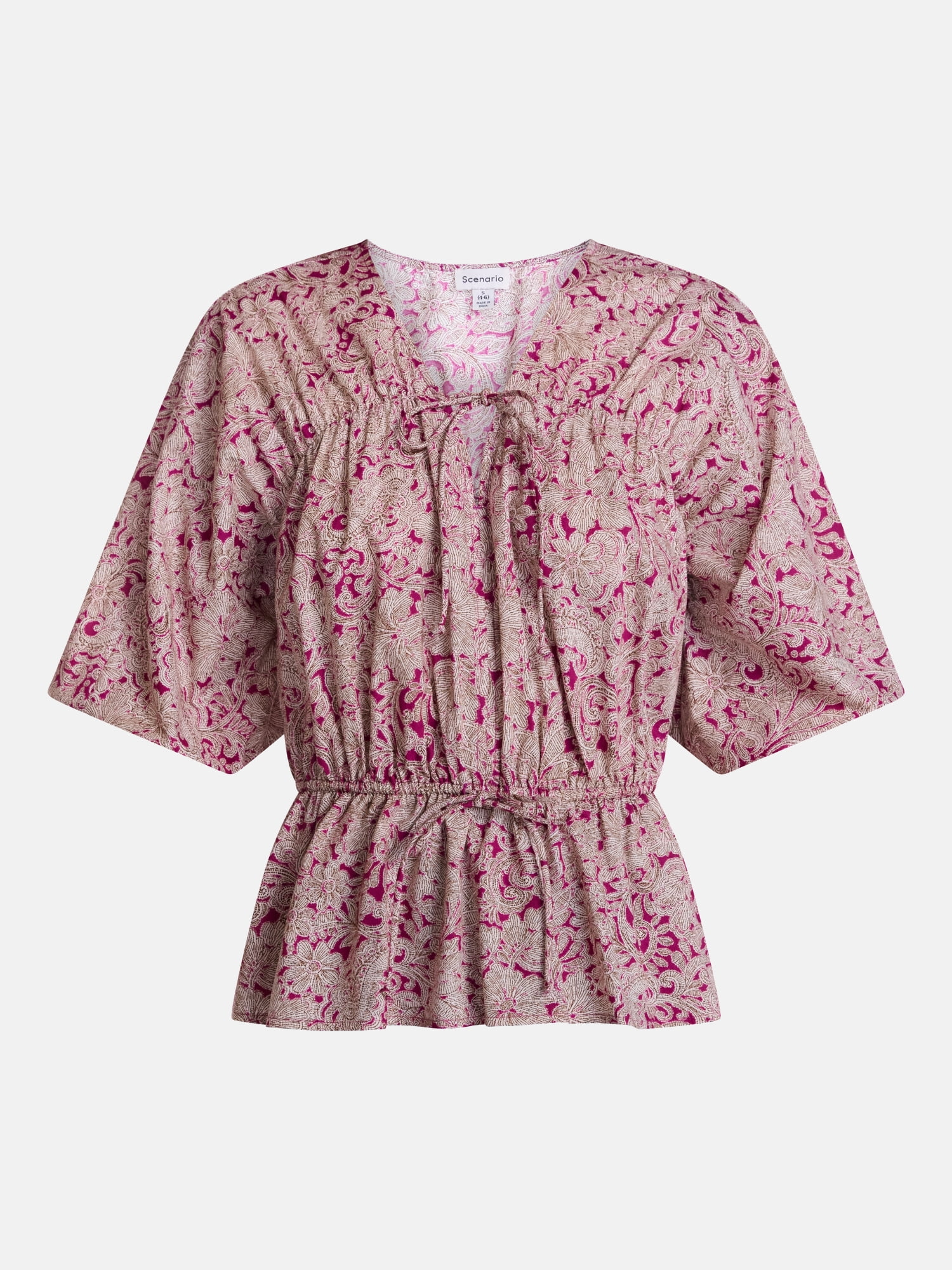 Scenario Women's Front Tie Peplum Top with 3/4-Length Sleeves, Size XS-XXXL