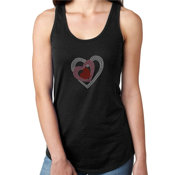 Womens T-Shirt Rhinestone Bling Black Tee Triple Love Heart Valentines Tank Racer Back Medium