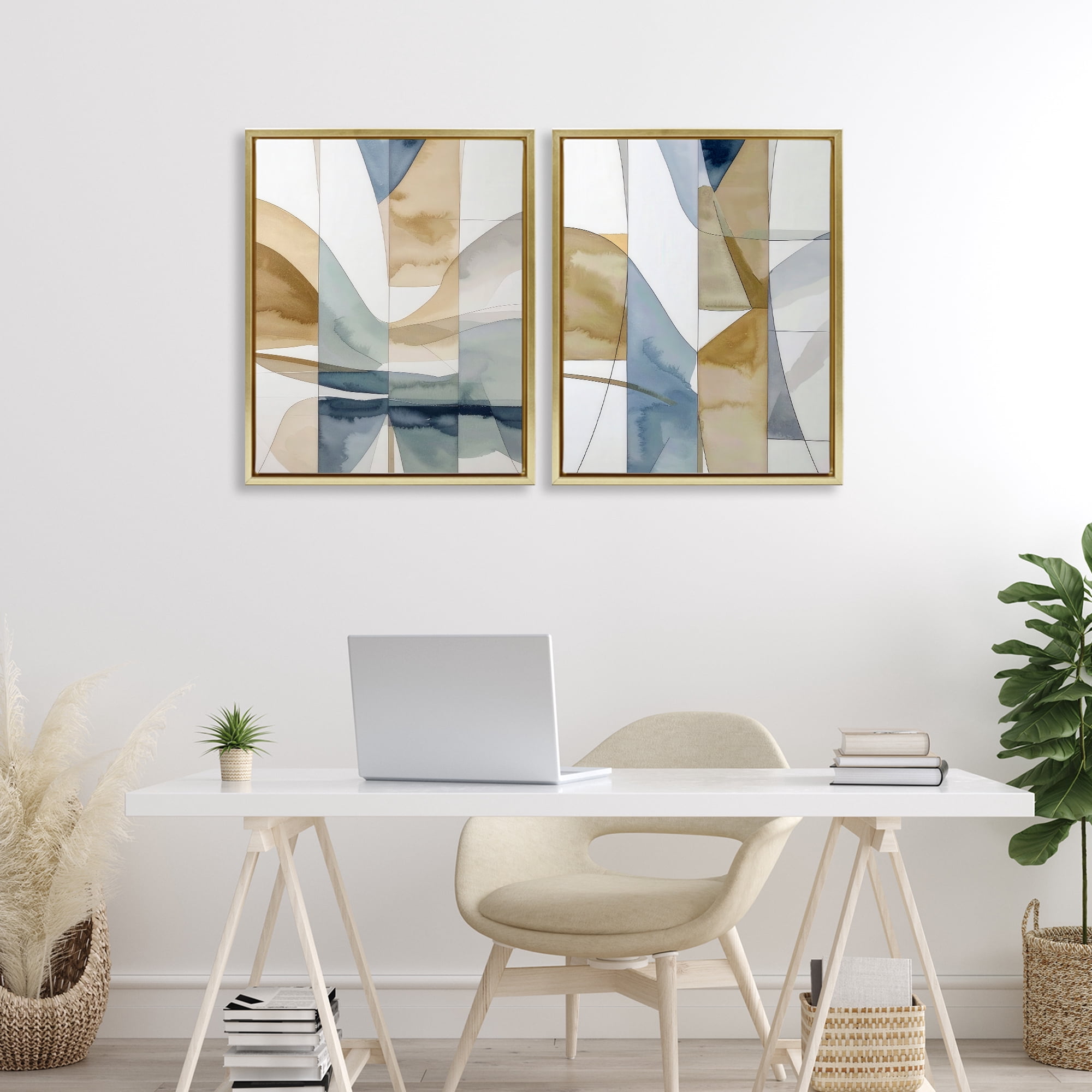 Stupell Industries Balanced Geographic Abstract 2 Piece Gold Framed Floater Canvas Set, design by Alonza Saunders
