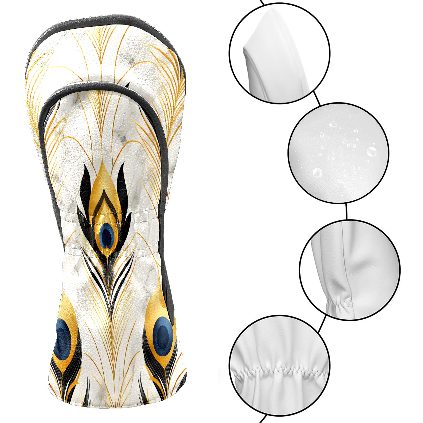 Golf Club Covers, White Gold Peacock Premium PU Leather Driver Hybrid Putter Head Covers with Velvet Lining, Waterproof Golf Gifts for Men Women
