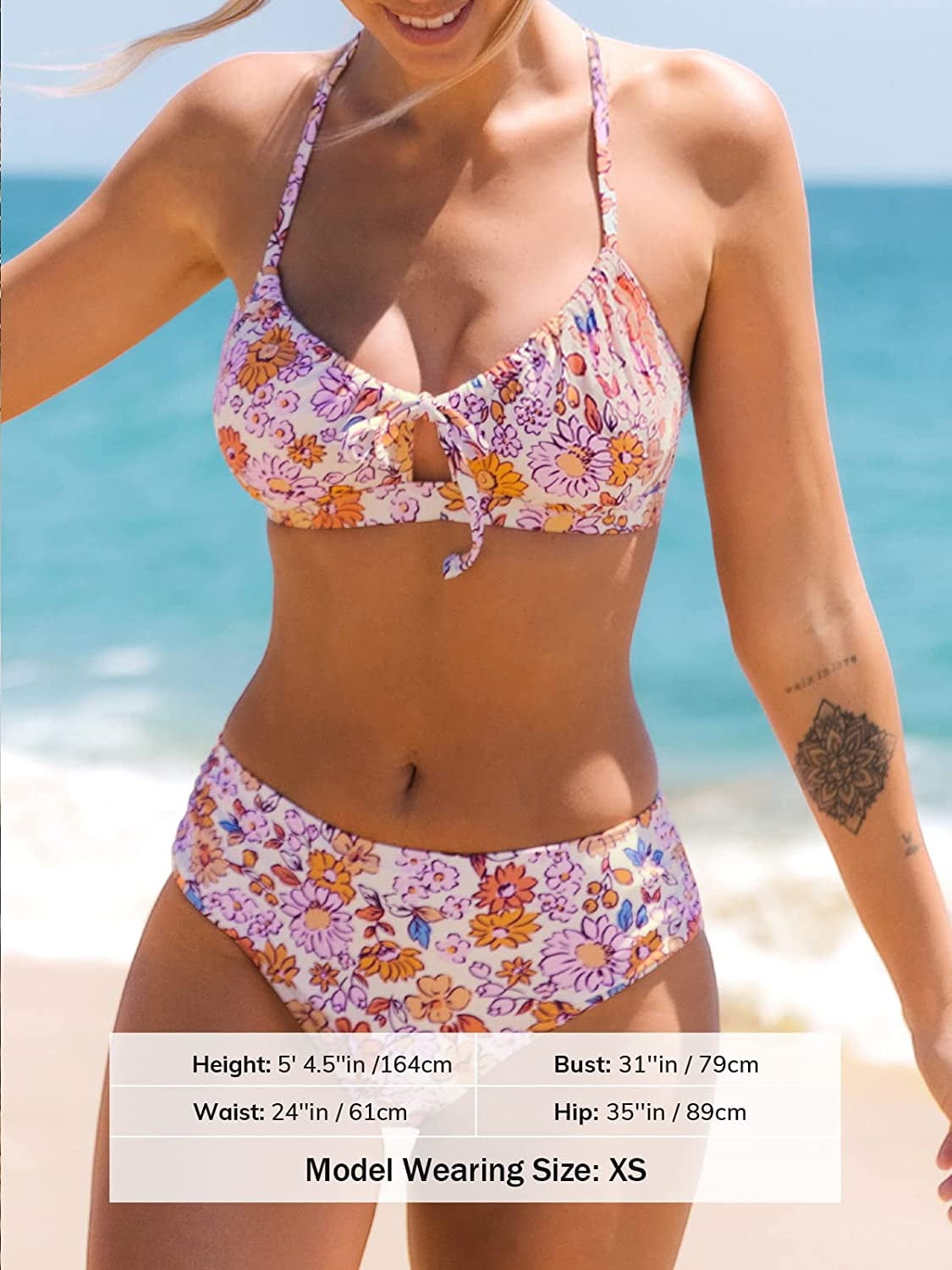 【関税送料込】CUPSHE Floral Ribbed & Mesh 水着 Cupshe Women's Floral Bikini Set, Mid Waisted Bottom