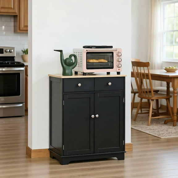Resenkos Kitchen Storage Cabinet Sideboard - Solid Wood Top, Adjustable Shelf, 2 Drawers, Black