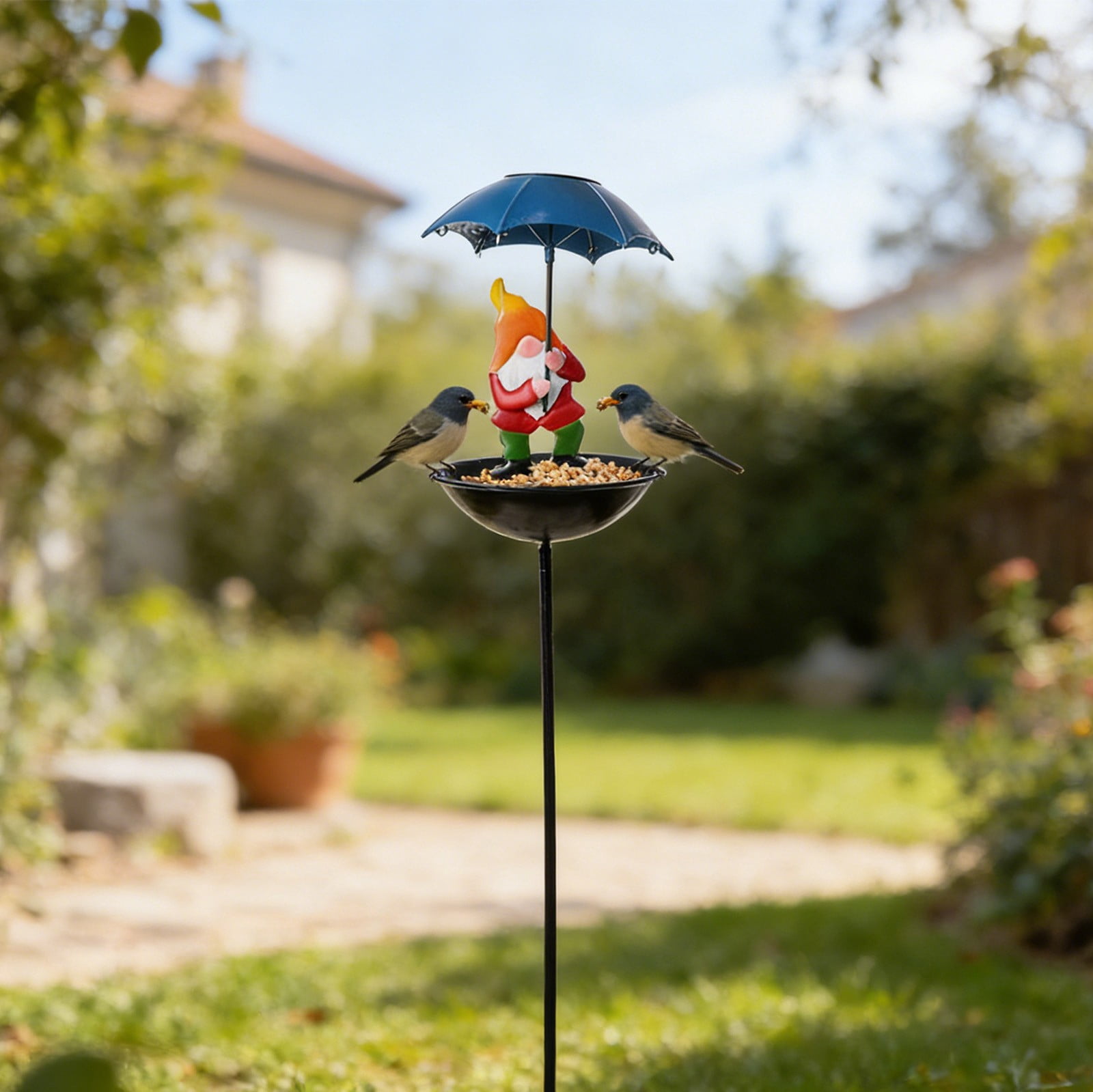 Pimea 33.86" Bird Feeder with Umbrella, Solar-Powered Metal Garden Stake, Outdoor Bird Feeding Station