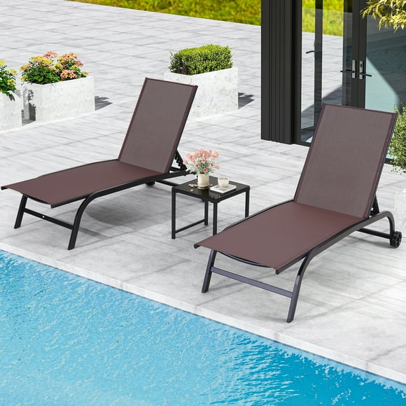 Yoleny 26" Wide Patio Lounge Chair with Wheels, Pool Lounge Chairs Set of 2 with Adjustable Backrest, Waterproof Textilene Outdoor Lounge Chairs with Side Table for Patio Poolside Deck, Brown