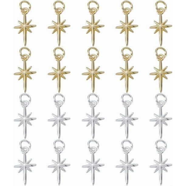 20 dijes de estrella del norte en 2 colores, colgantes de estrella dorada de platino, dijes de latón con anillos de salto, colgantes celestiales