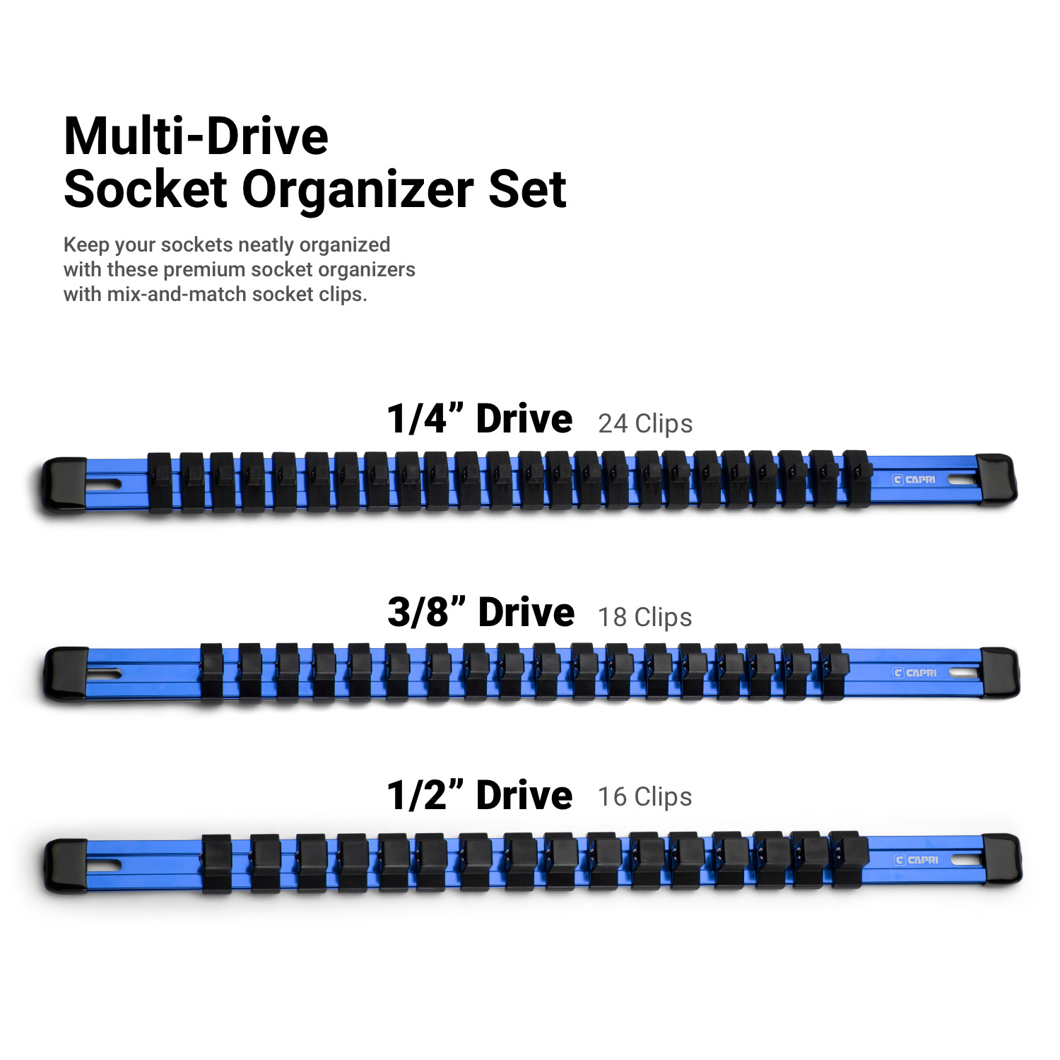 Capri Tools Aluminum Socket Rail Set, 1/4", 3/8" and 1/2" Drive, 17" Long, Blue, 3-Piece Rail with 58 Socket Clips - image 2 of 7