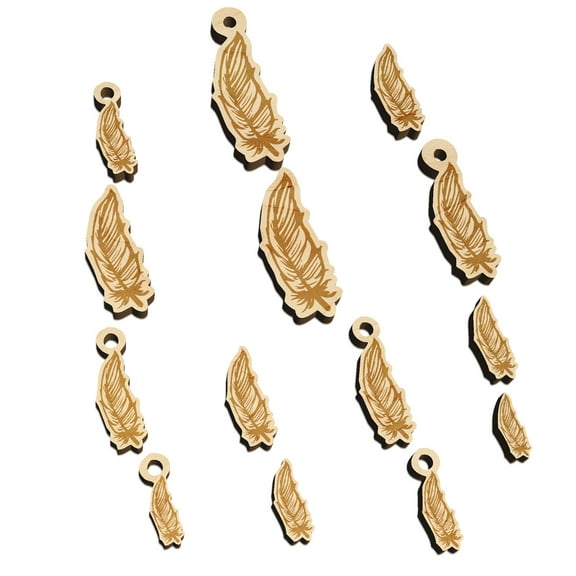 Hand Drawn Feather Doodle Wood Mini Charms Shapes DIY Craft Jewelry - With Hole - Various Sizes (16pcs)