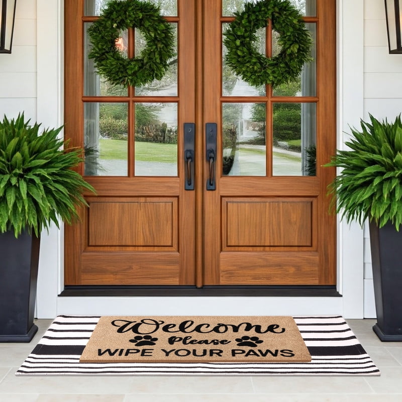A1HC Coir Welcome Mat and Black & White Striped Cotton Rug Combo Set, 24"x36" & 24"x51", Hand-Woven Washable Entryway Décor