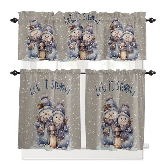 Christmas Snowman Kitchen Curtains and Valances Set, 3 Piece Kitchen Curtains Set 36 Inch Length, Winter Snowflake Grey Rustic Burlap Rod Pocket Curtains Tier Farmhouse Window Curtains