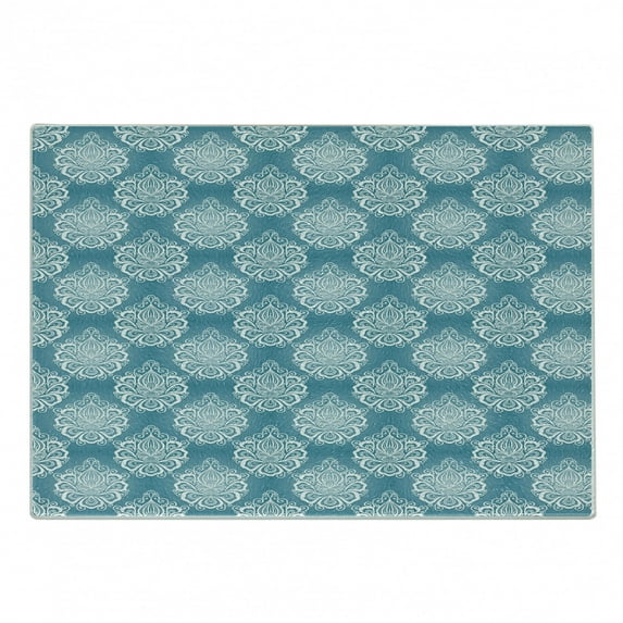 Blue and White Cutting Board, Damask Art Flowers with Baroque Curlicues Victorian Garden Inspiration, Decorative Tempered Glass Cutting and Serving Board, Small Size, Blue and White, by Ambesonne