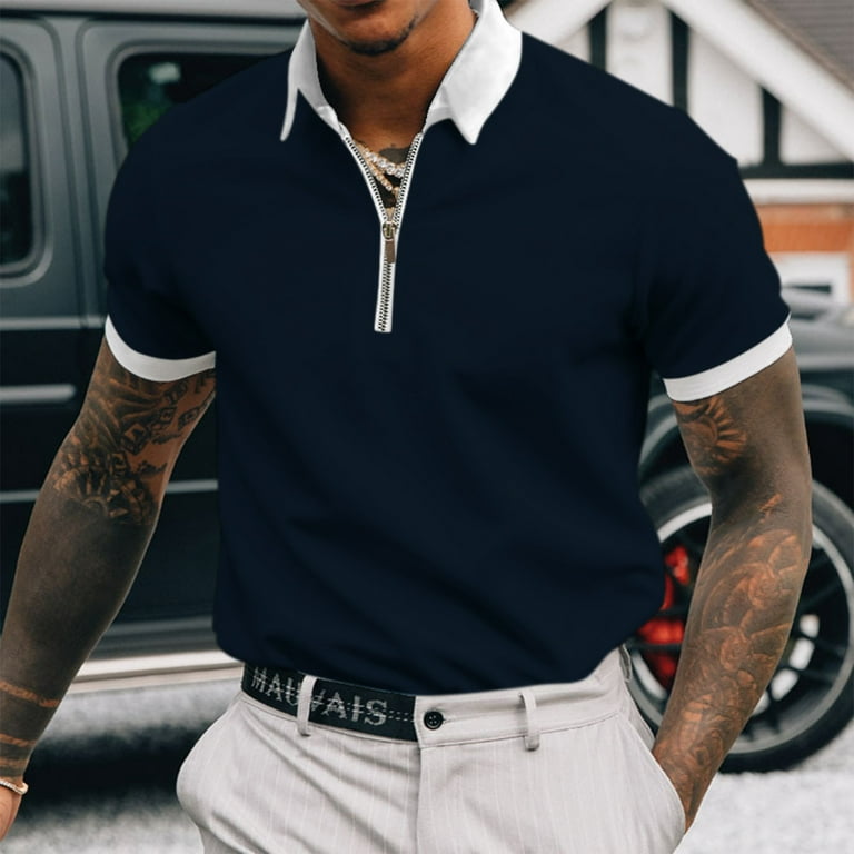 Gubotare Short Sleeve Polo Shirts For Men Big And Tall Men’s Short Sleeve  Knit Shirt Vintage Stripe Lapel Collar Polo Shirt,Navy XL