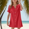 thumbnail image 2 of Fesfesfes Girls'Summer Solid Color Short Sleeve Crew Neck Elastic Waistband Dress with Pockets Casual Comfortable Cotton Blend Dress for Kids(Red,11-12 Years), 2 of 5