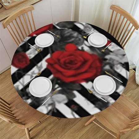 

Round Fitted Tablecloth with Elastic Edge Medium Table Cover for Dining Table Patio Outdoor Tablecloth - Black White Stripes Red Rose Flowers