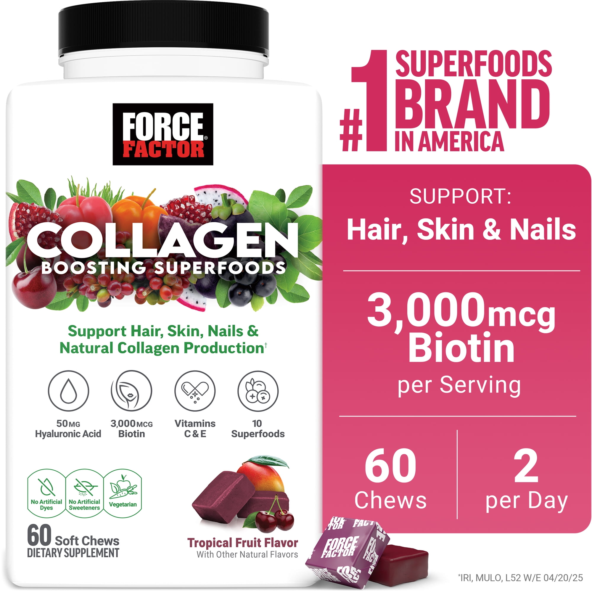 Force Factor Vegan Collagen Boosting Superfoods, Hair, Skin & Nails Supplement with Biotin, Vitamins & Antioxidants, Tropical Fruit, 60 Soft Chews