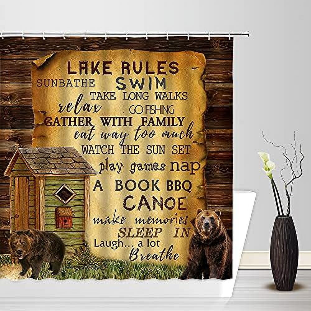 Outhouse Rules Shower Curtain Rustic Primitive Country Vintage Brown Wooden  Cabin Wild Animal Bear Grass Funny Quotes Western Fabric Bathroom Decor  Polyester Curtain with Hooks 