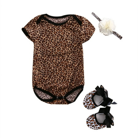 

Jxzom Summer Infant Baby Girls Floral Leopard Printed Bodysuits Sunsuit+Shoe+Hairband 3Pcs Outfits Set