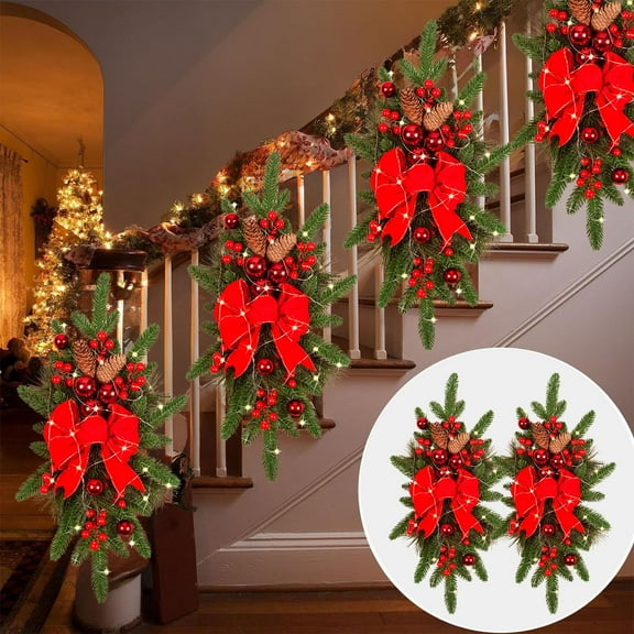 ToyKingdee Christmas Artificial Swags Xmas The Cordless Prelit Stairway Swag Teardrop Trim Wreath Door Stair Garland Christmas Wreath for Outdoor Home Garden Decor