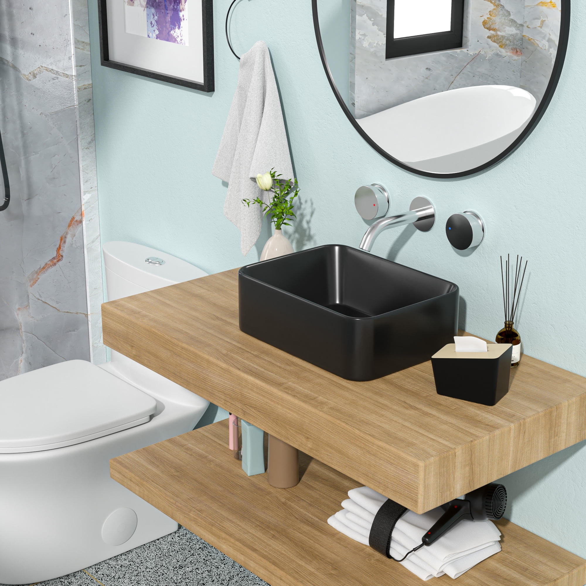 16"×12"×5.5"  Black Ceramic Rectangular Countertop Bathroom Sink