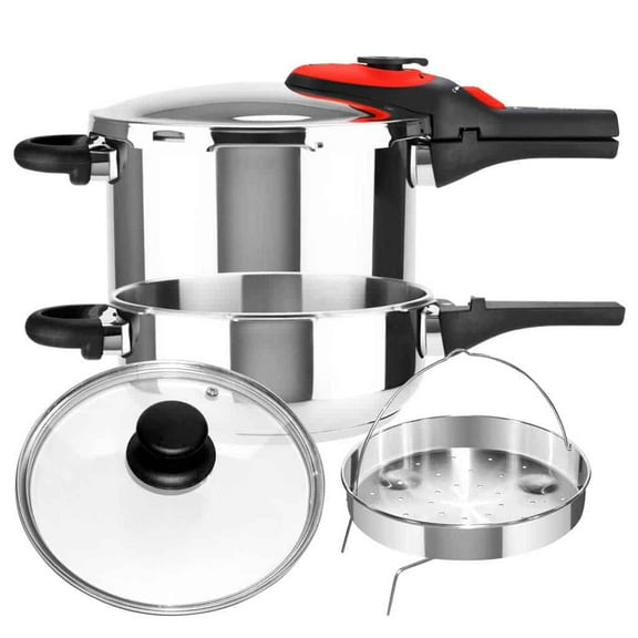MAGEFESA ACTIVA2 SIX Stainless Steel Pressure Cooker Set, 3.2 & 6.3 Quarts, Includes Glass Lid & Steam Basket, Red Handle