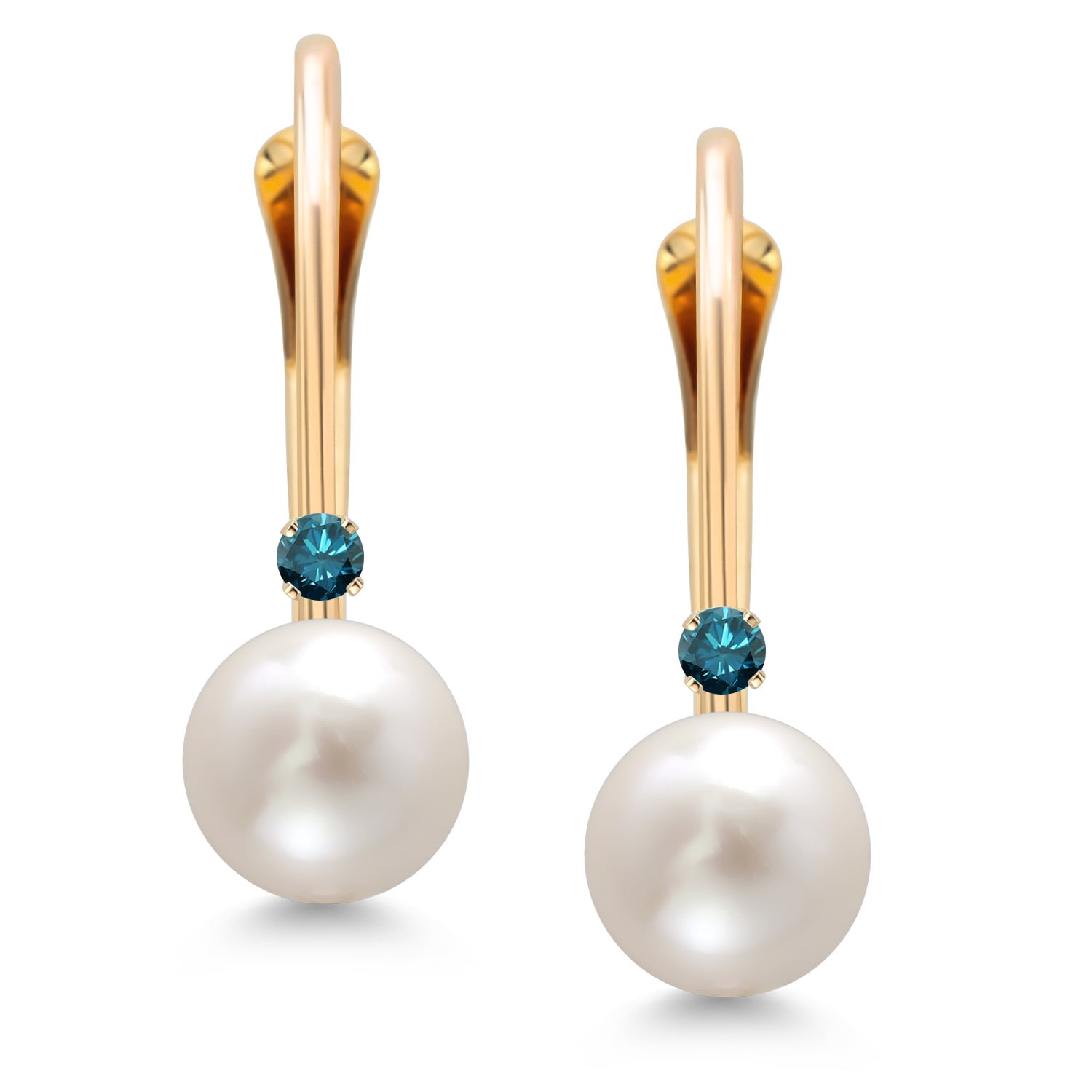 Gem Stone King 14K Yellow Gold Round White Cultured Freshwater Pearl and Round Blue Diamond Leverback Drop Dangle Earrings for Women (Pearl: 5.5MM, Diamond: 1.5MM)