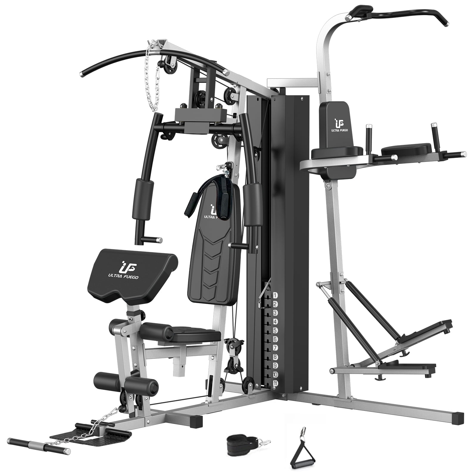 Multifunctional Home Gym 118lb Weight Stack Machine with Pulley System, Arm Press Frame, Leg Developer, Power Tower and Stepper, Dual Station Workout System for Total Body Training