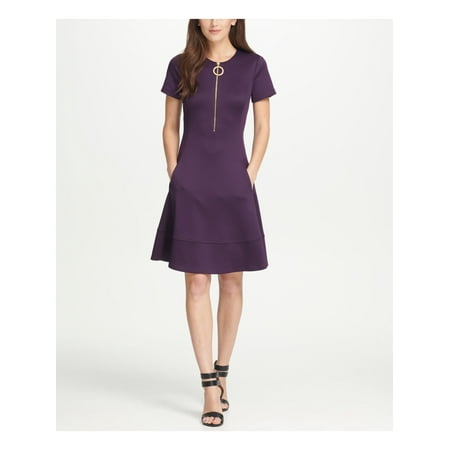 DKNY $119 Womens New Purple Pocketed Zip Neck Fit + Flare Dress 14 B+B