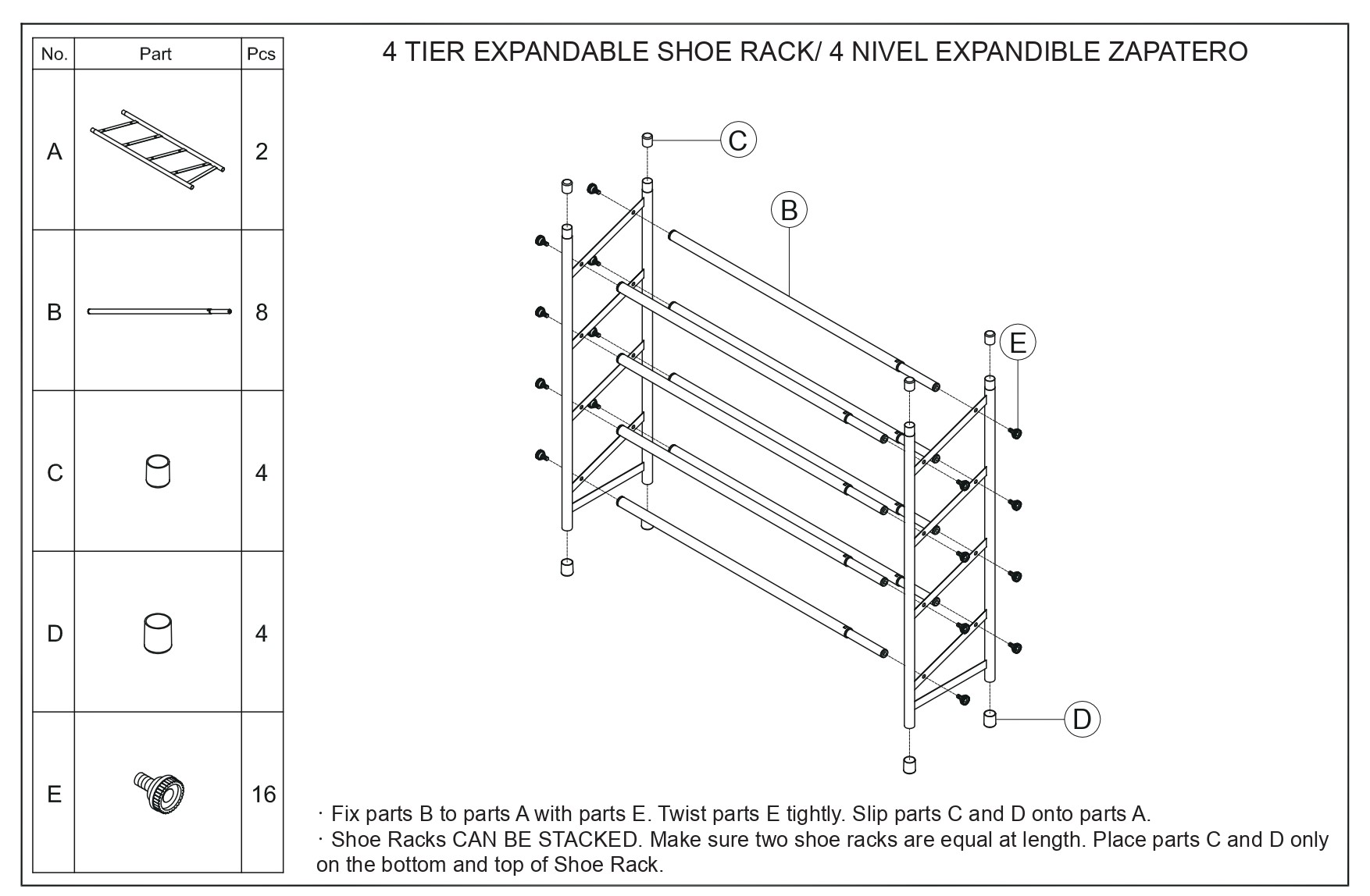 MAINSTAYS 4-TIER EXPANDABLE STACKABLE CLOSET STORAGE SHOE RACK ORGANIZER SHELF, UP TO 20 PAIRS, METAL, BLACK, SILVER