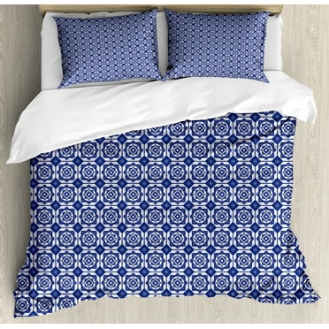 Dutch King Size Duvet Cover Set, Delft Style Geometric Pattern with Rhombuses and Hexagons Holland Design, Decorative 3 Piece Bedding Set with 2 Pillow Shams, Navy Blue and White, by Ambesonne