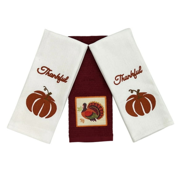 Serafina Home Thanksgiving Fall Kitchen Towels Set 3 Pc, Thankful Pumpkins And Turkey Towels