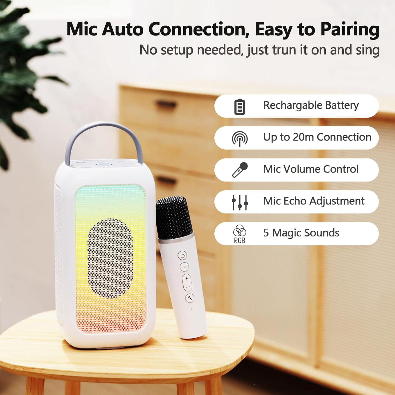 Bobtot Portable Bluetooth Speaker RGB Music Sync Ambient Light Portable Home Family Karaoke With Microphone Magic Voice,Deep Bass,Supports AUX,USB,FM Indoor Outdoor Party Singing Player（White）